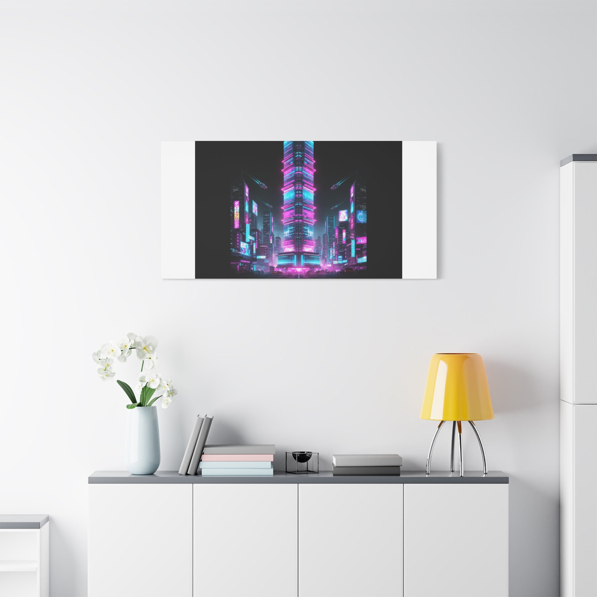 Neon Cyberpunk Skyline Canvas | synthwave city poster, futuristic neon art