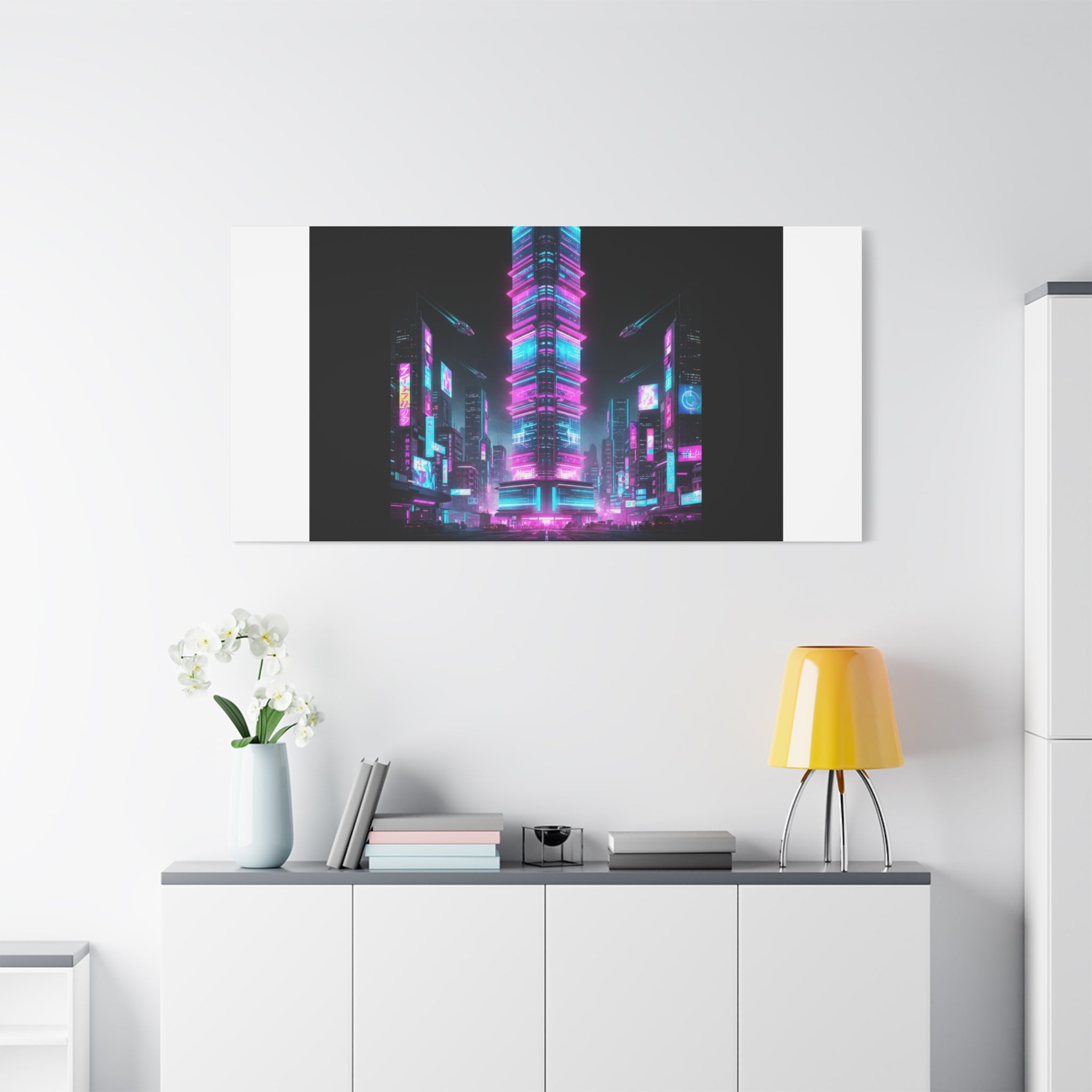 Neon Cyberpunk Skyline Canvas | synthwave city poster, futuristic neon art