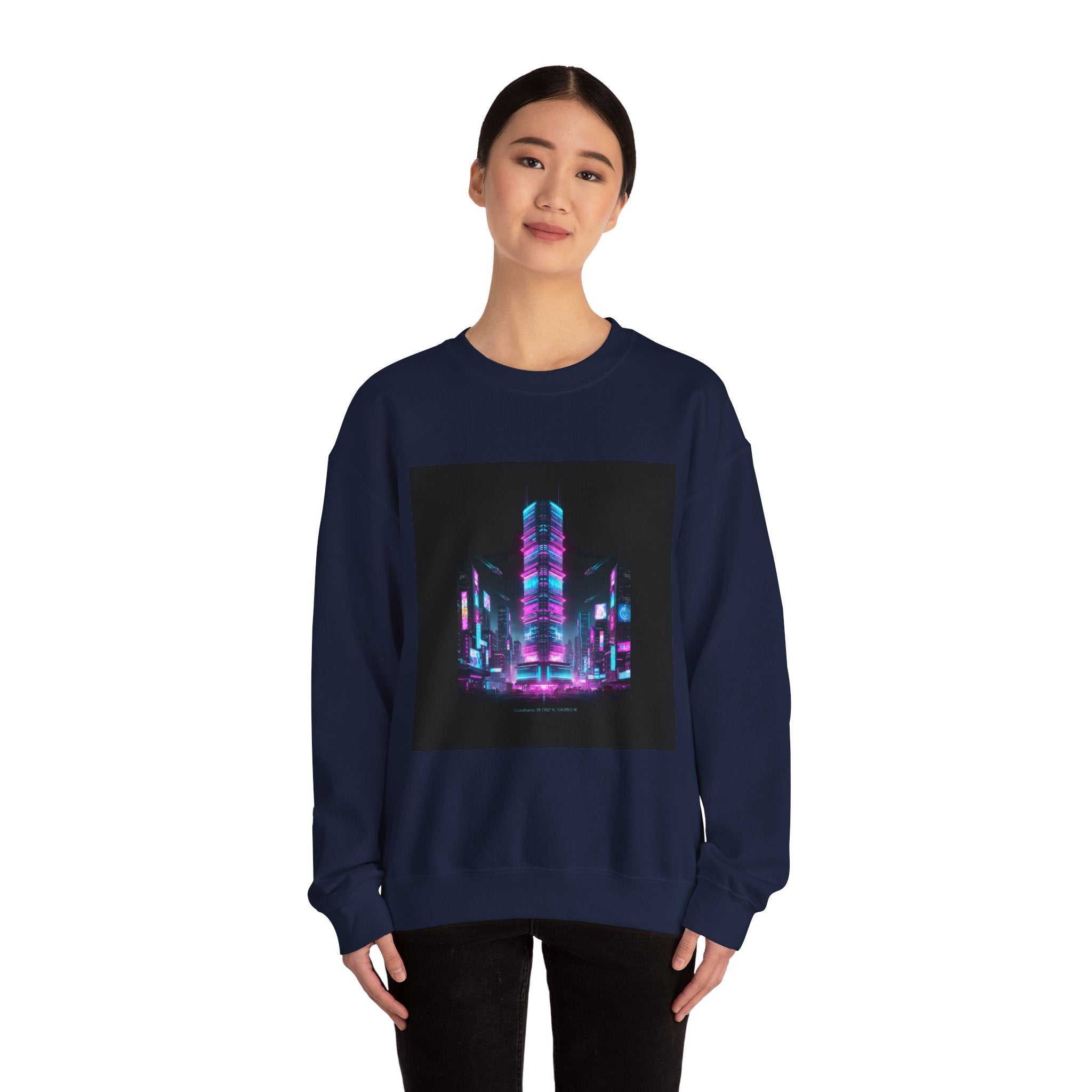 Neon Cyberpunk Skyline Sweatshirt | synthwave skyline, future city art