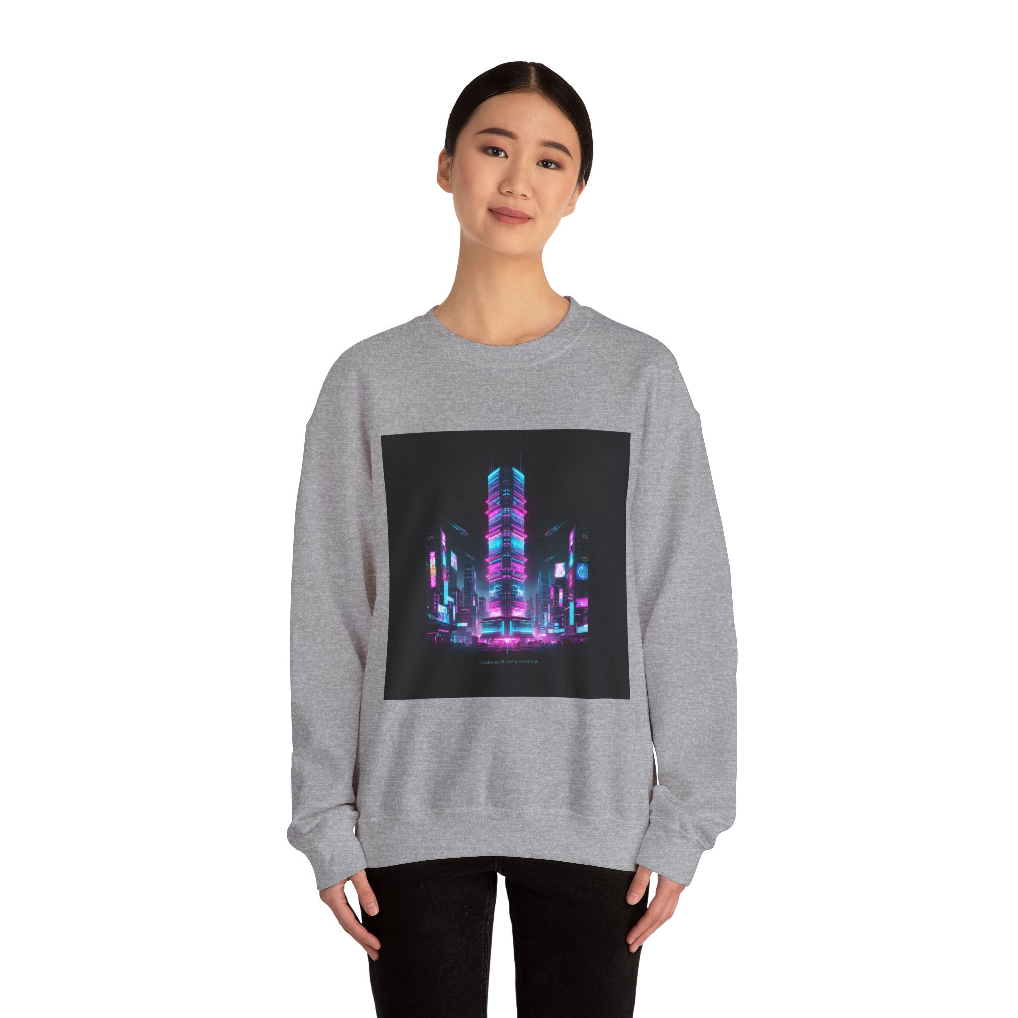Neon Cyberpunk Skyline Sweatshirt | synthwave skyline, future city art