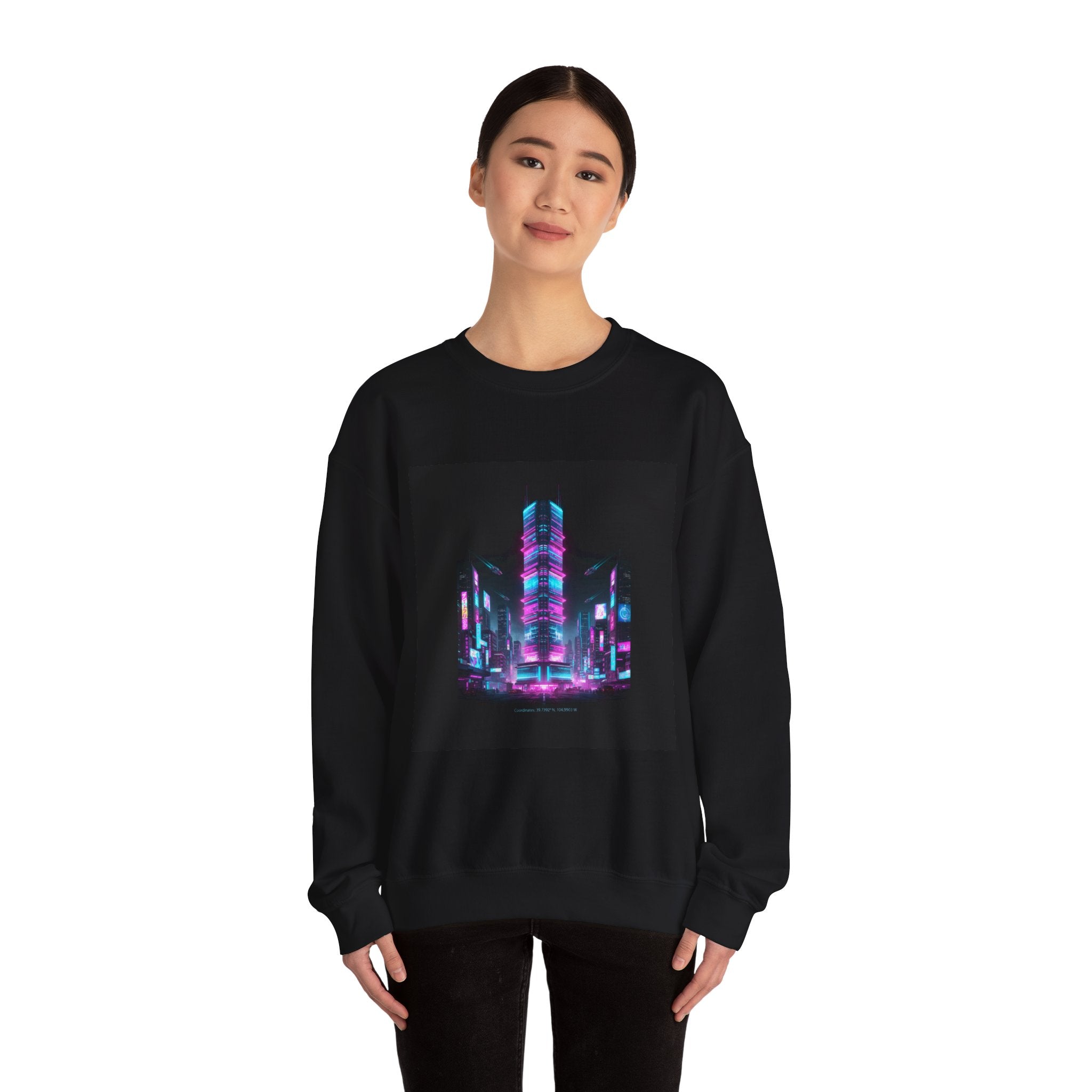 Neon Cyberpunk Skyline Sweatshirt | synthwave skyline, future city art
