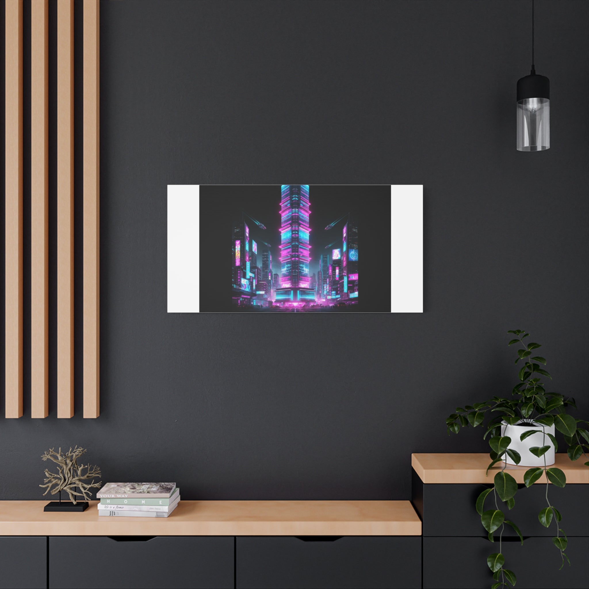 Neon Cyberpunk Skyline Canvas | synthwave city poster, futuristic neon art