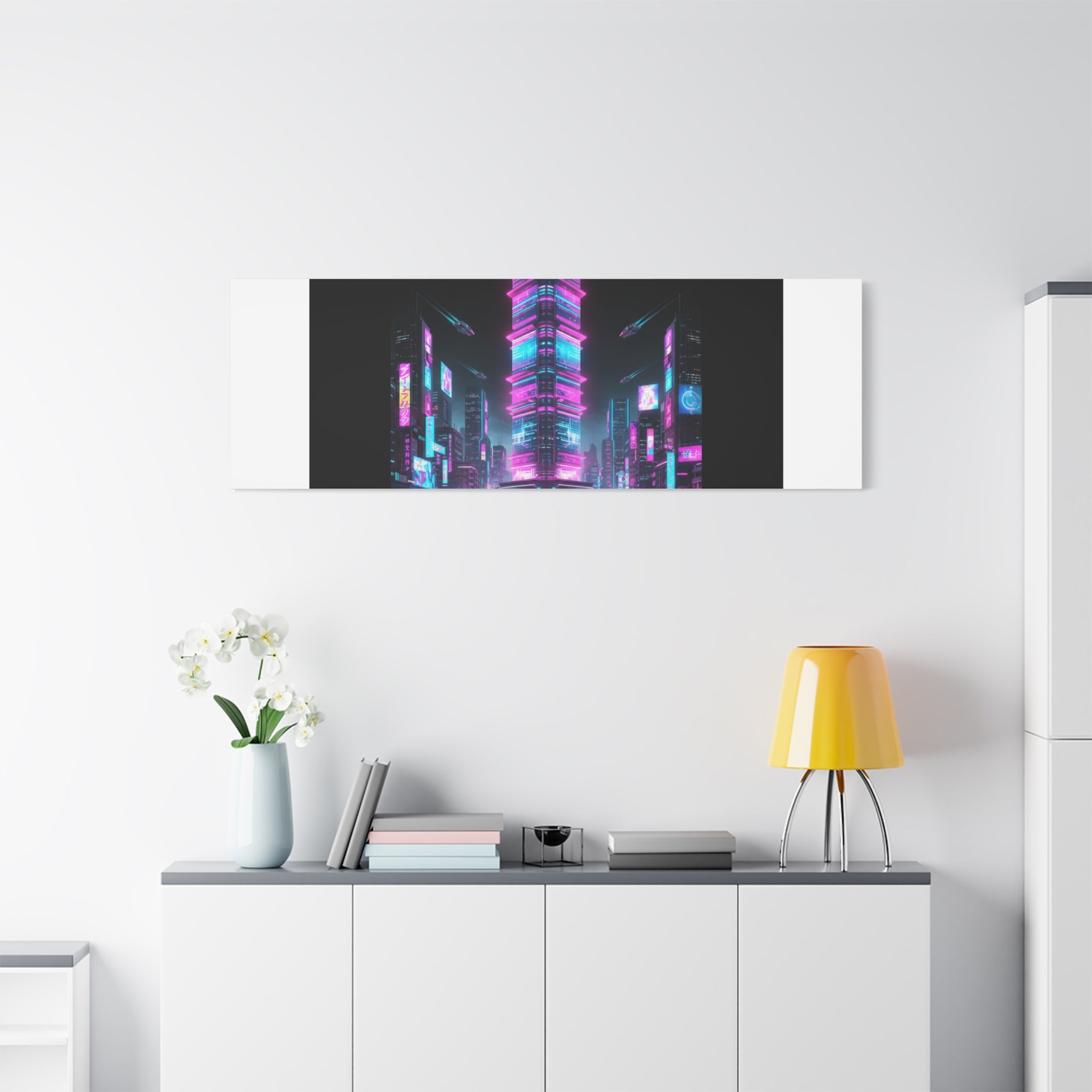 Neon Cyberpunk Skyline Canvas | synthwave city poster, futuristic neon art