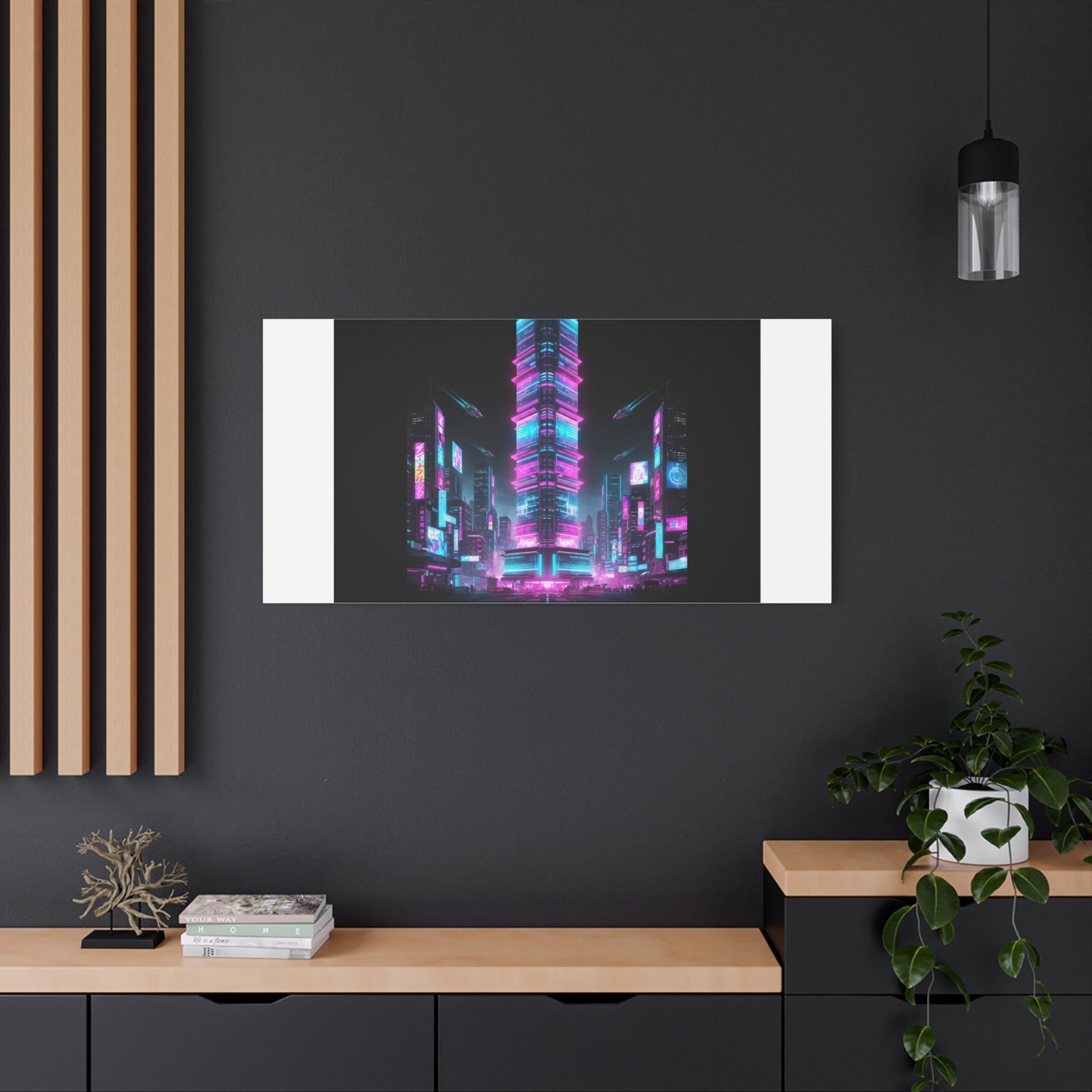 Neon Cyberpunk Skyline Canvas | synthwave city poster, futuristic neon art