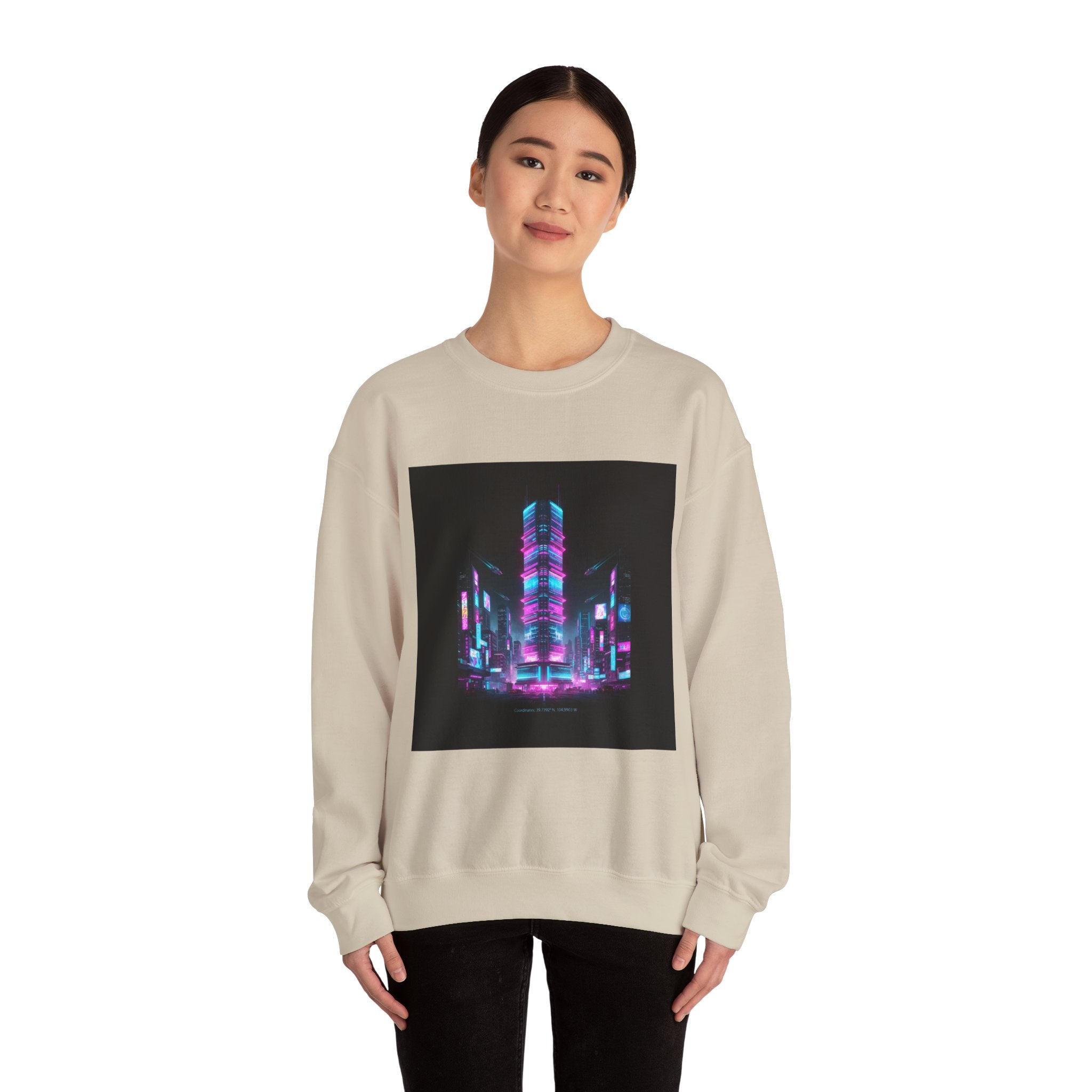 Neon Cyberpunk Skyline Sweatshirt | synthwave skyline, future city art